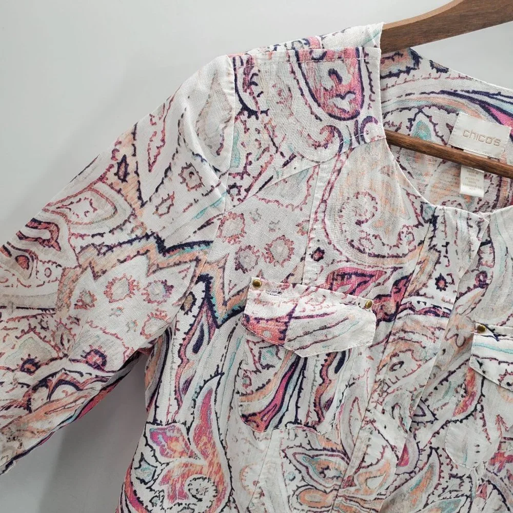 Chico's Womens Paisley Print Zip Up Linen‎ Jacket Size 1 (M) 3/4 Sleeve Career